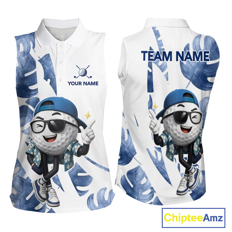 Funny Golf Ball Tropical Pattern Custom Womens Sleeveless Golf Polo Shirts, Golfing Gifts|Blue NBT708