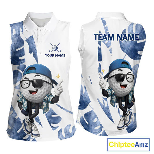 Funny Golf Ball Tropical Pattern Custom Womens Sleeveless Golf Polo Shirts, Golfing Gifts|Blue NBT708
