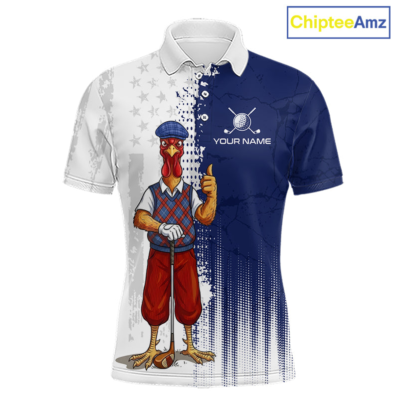 Front view of funny colorful rooster American Flag mens golf polo shirt