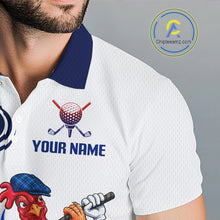 Load image into Gallery viewer, Close up of Funny Rooster Custom Name Camouflage Golf Polo Shirt For Men with your name on the chest