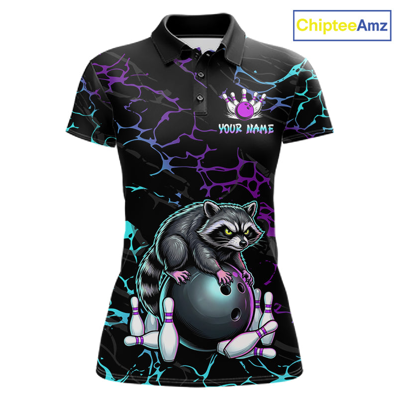 Neon Blue Purple Funny Raccoon Bowling Team Shirt Customized Bowling League Polo & 1/4 Zip Gift For Women NBT893