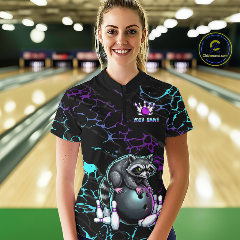 Neon Blue Purple Funny Raccoon Bowling Team Shirt Customized Bowling League Polo & 1/4 Zip Gift For Women NBT893