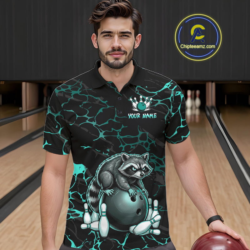 Turquoise Funny Raccoon Bowling Team Shirt Customized Bowling League Polo & 1/4 Zip Gift For Men NBT895