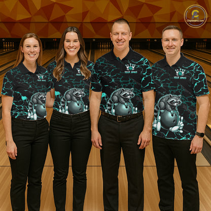 Turquoise Funny Raccoon Bowling Team Shirt Customized Bowling League Polo & 1/4 Zip Gift For Women NBT895