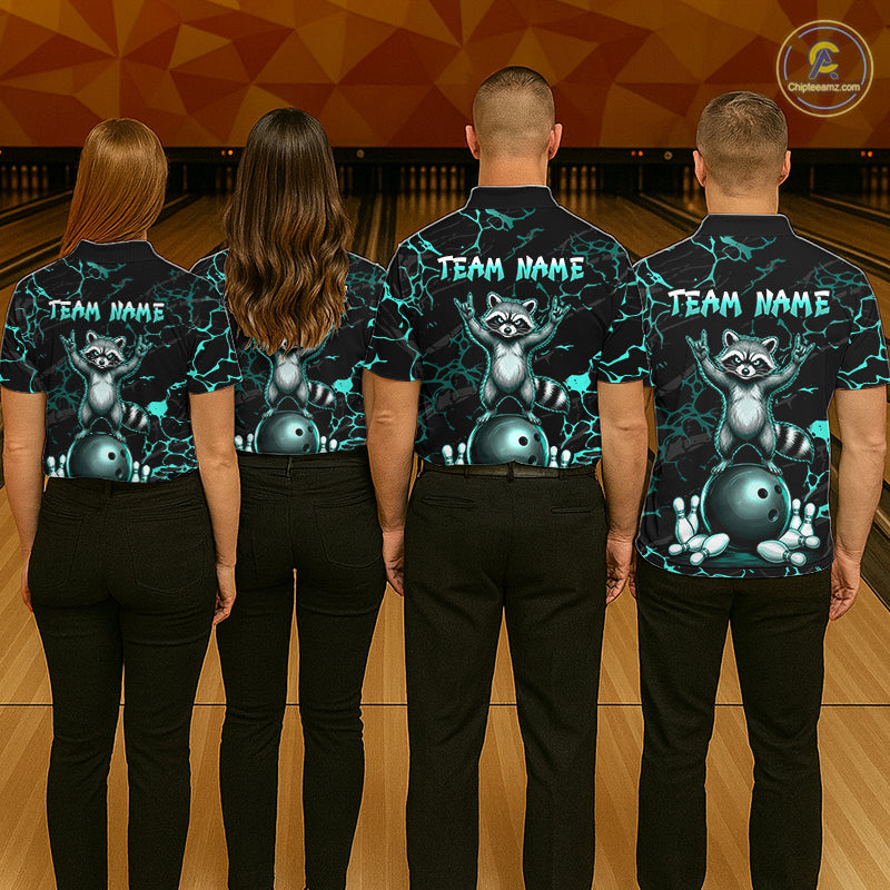 Turquoise Funny Raccoon Bowling Team Shirt Customized Bowling League Polo & 1/4 Zip Gift For Men NBT895
