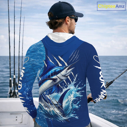 Marlin Fishing Custom Long Sleeve Hooded Performance Fishing Shirts, Marlin Saltwater Fishing Shirt NBT720