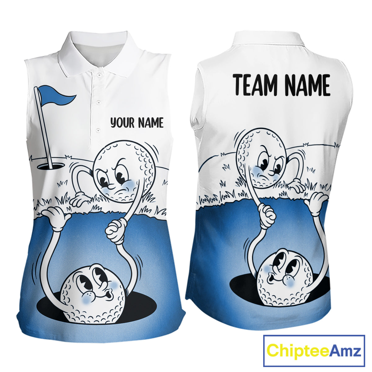 Blue Funny Sleeveless Golf Rescue Team Polo Shirt Custom Name, Golf Ball Cartoon Polo, White Golf Shirt NBT599