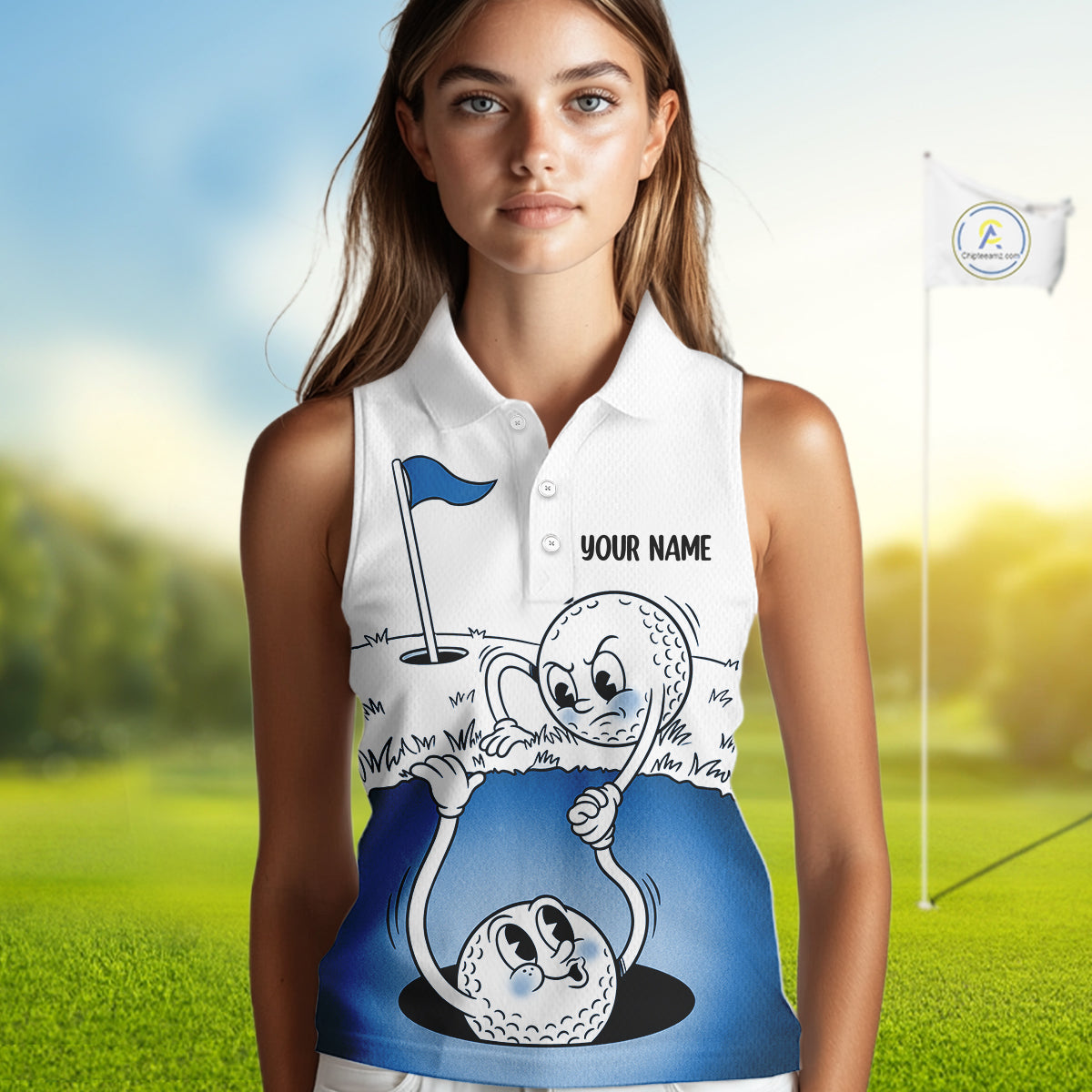 Blue Funny Sleeveless Golf Rescue Team Polo Shirt Custom Name, Golf Ball Cartoon Polo, White Golf Shirt NBT599