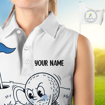 Blue Funny Sleeveless Golf Rescue Team Polo Shirt Custom Name, Golf Ball Cartoon Polo, White Golf Shirt NBT599