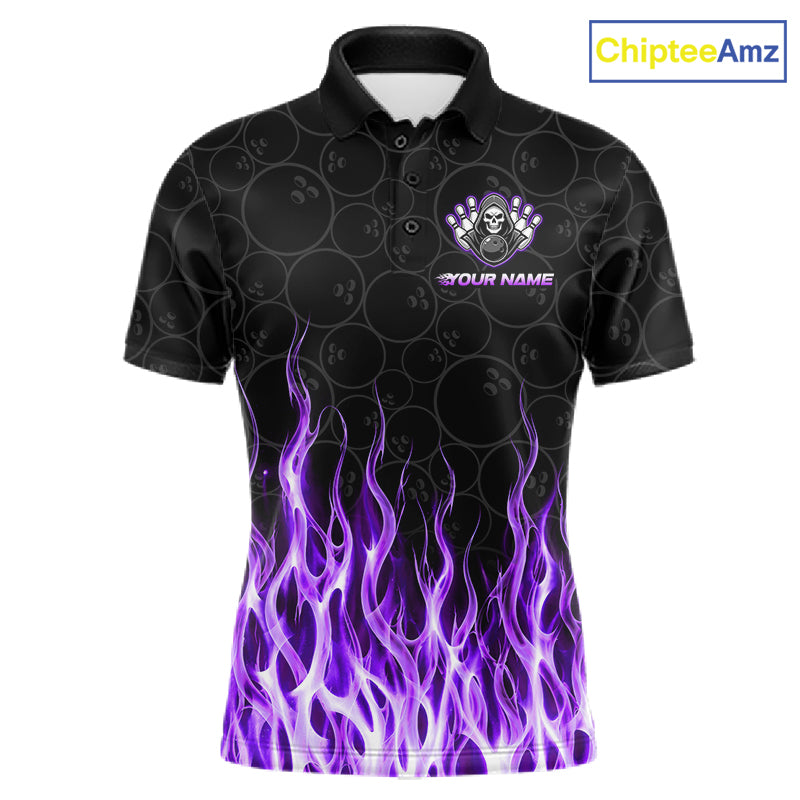 Front view of custom purple fire flame Grim Reaper skull bowling men’s polo shirt