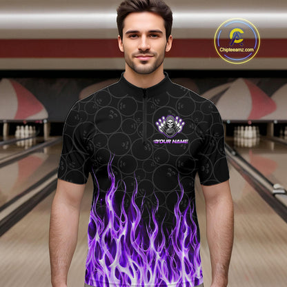 Bowler wearing custom purple fire flame Grim Reaper skull 1/4 quarter bowling shirt on the lanes