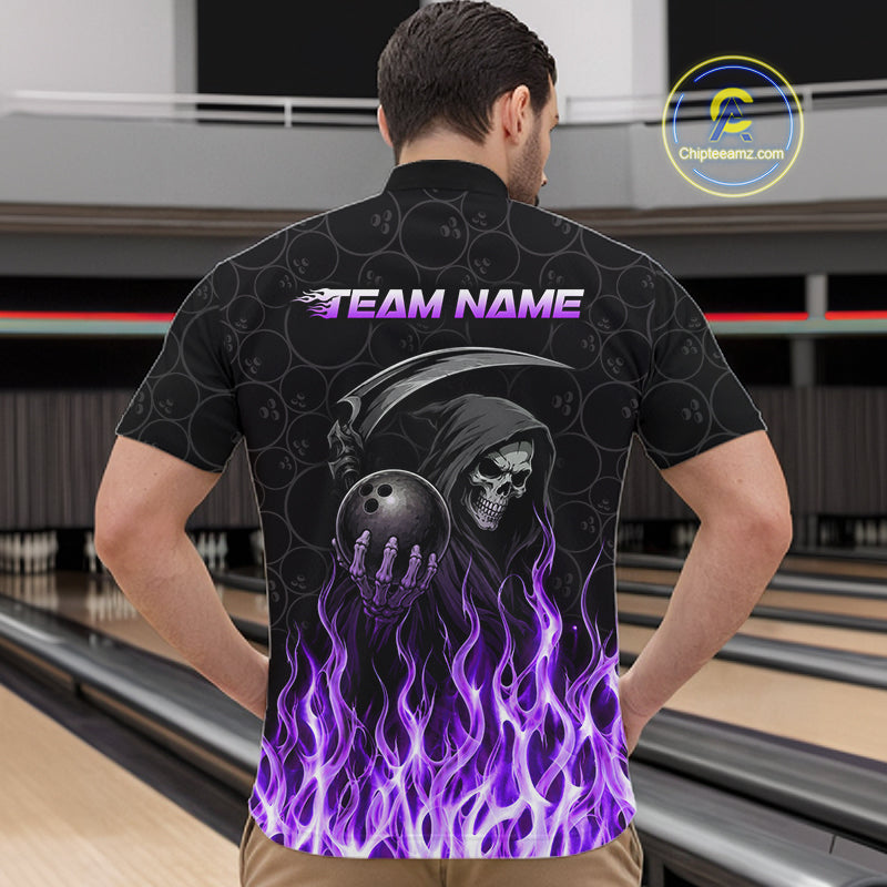 Bowler wearing custom purple fire flame Grim Reaper skull 1/4 quarter bowling shirt on the lanes - back view