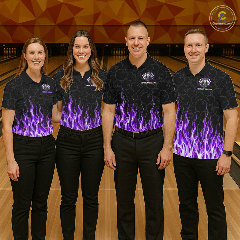 Bowling team wearing matching custom purple fire flame Grim Reaper skull bowling jerseys with personalized names