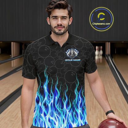 Bowler wearing custom blue fire flame Grim Reaper skull bowling shirt on the lanes
