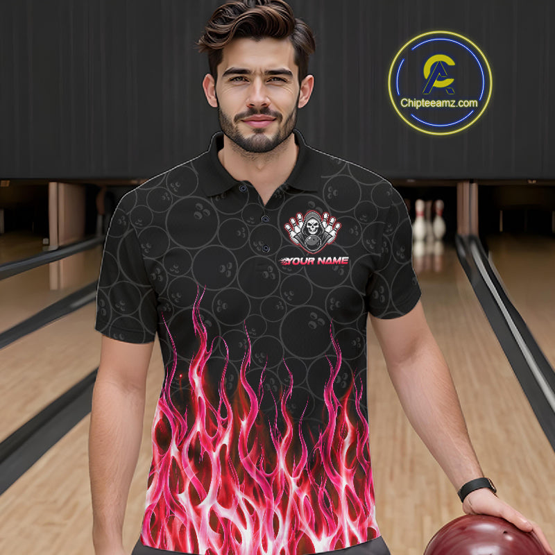 Bowler wearing custom red fire flame Grim Reaper skull bowling shirt on the lanes