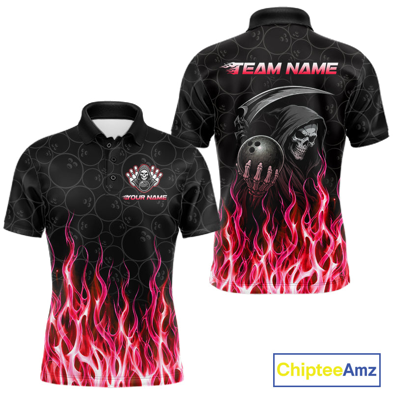 Front and back view of custom red fire flame Grim Reaper skull bowling men’s polo shirt