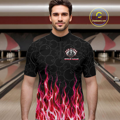 Bowler wearing custom red fire flame Grim Reaper skull bowling shirt on the lanes