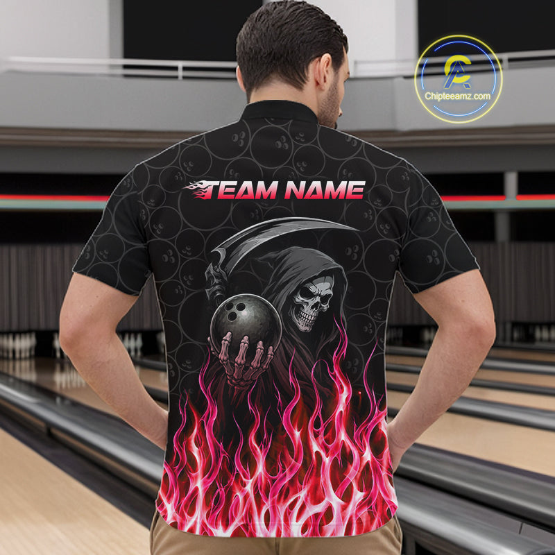 Bowler wearing custom red fire flame Grim Reaper skull bowling shirt on the lanes - back view