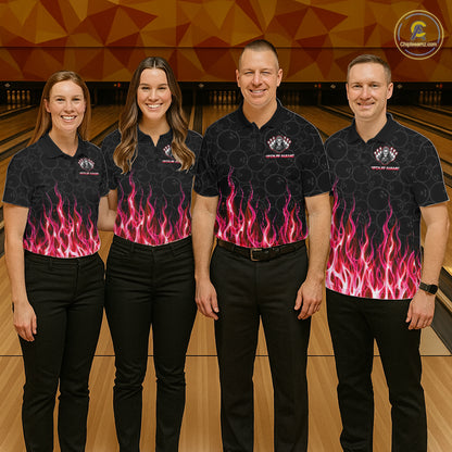 Bowling team wearing matching custom red fire flame Grim Reaper skull bowling jerseys with personalized names