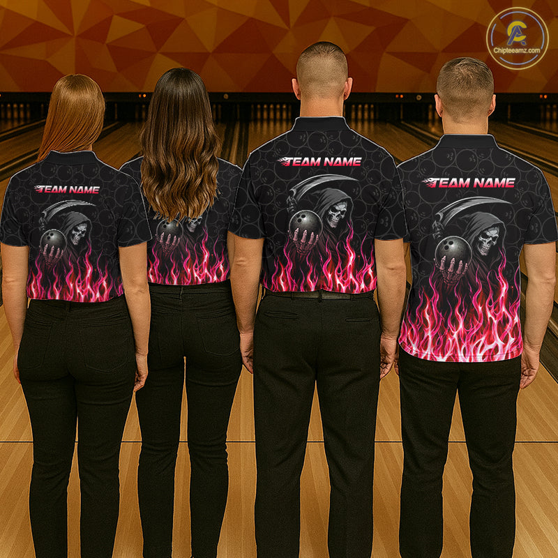 Bowling team wearing matching custom red fire flame Grim Reaper skull bowling jerseys with personalized names - back view