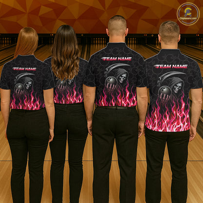 Bowling team wearing matching custom red fire flame Grim Reaper skull bowling jerseys with personalized names - back view
