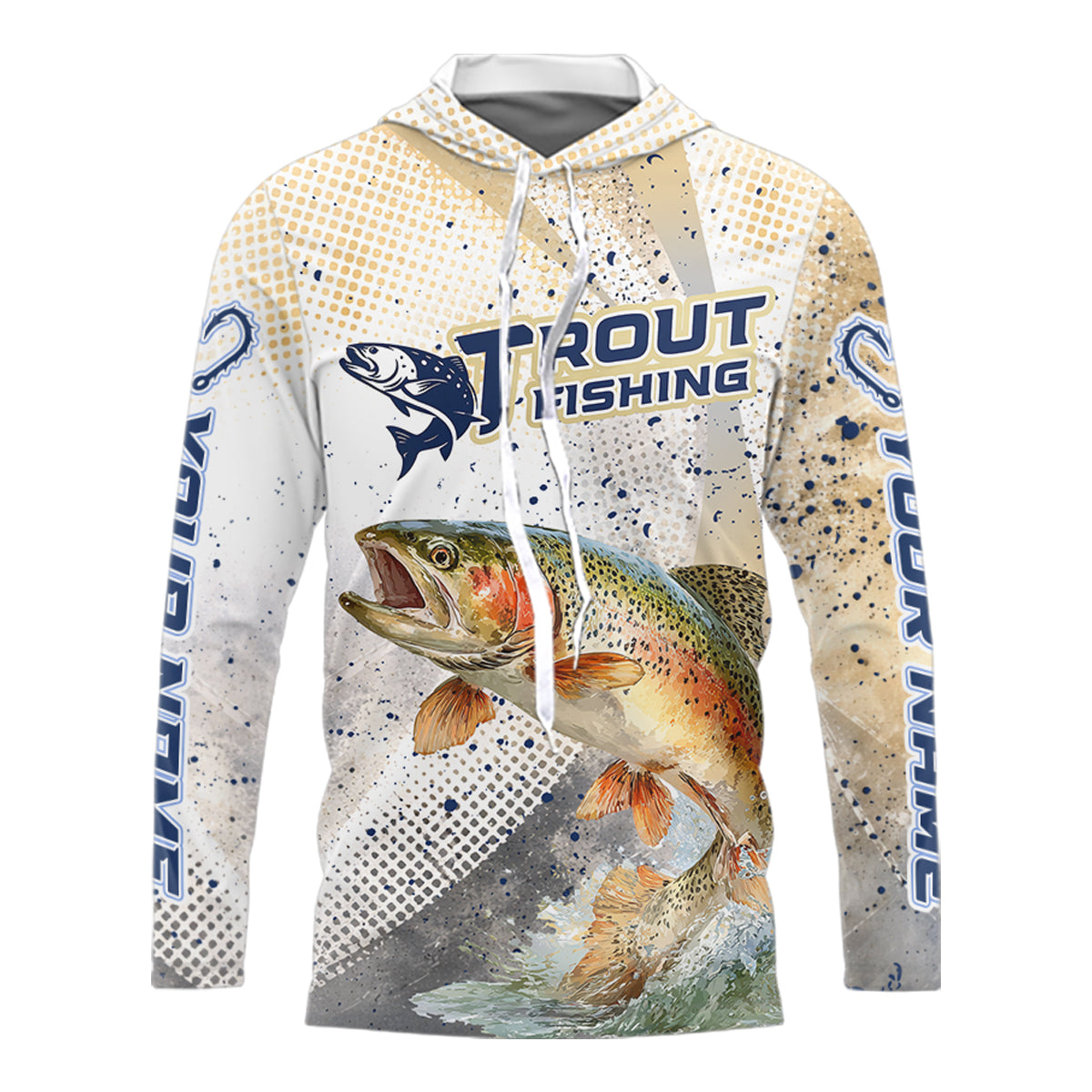 Rainbow Trout Fishing Shirt Long Sleeve Hooded Gray Beige Camo, Trout UPF Fishing Shirts NBT414