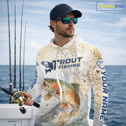 Rainbow Trout Fishing Shirt Long Sleeve Hooded Gray Beige Camo, Trout UPF Fishing Shirts NBT414