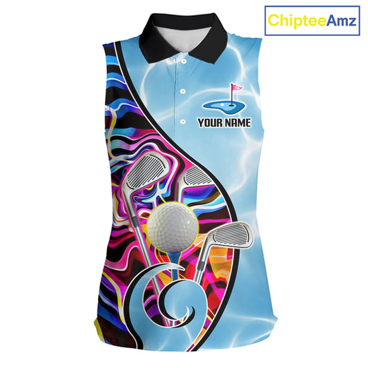 Womens Sleeveless Golf Polo Shirt Holographic Marble Golf Pattern For Team, Golf Attire For Women|Blue NBT724