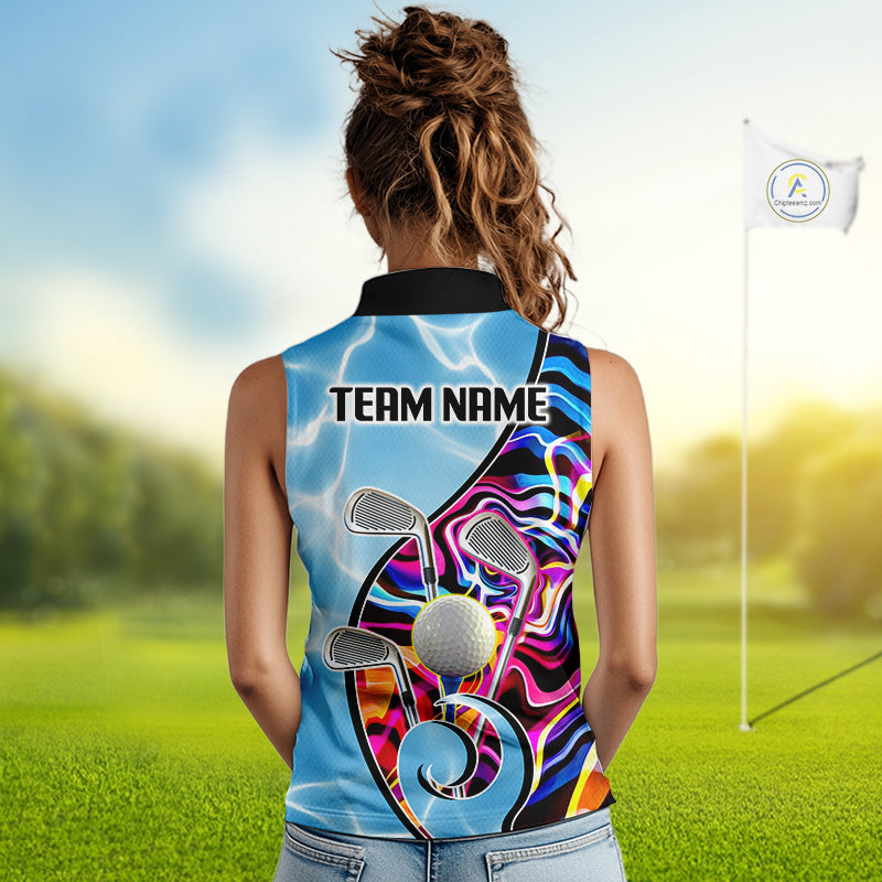 Womens Sleeveless Golf Polo Shirt Holographic Marble Golf Pattern For Team, Golf Attire For Women|Blue NBT724