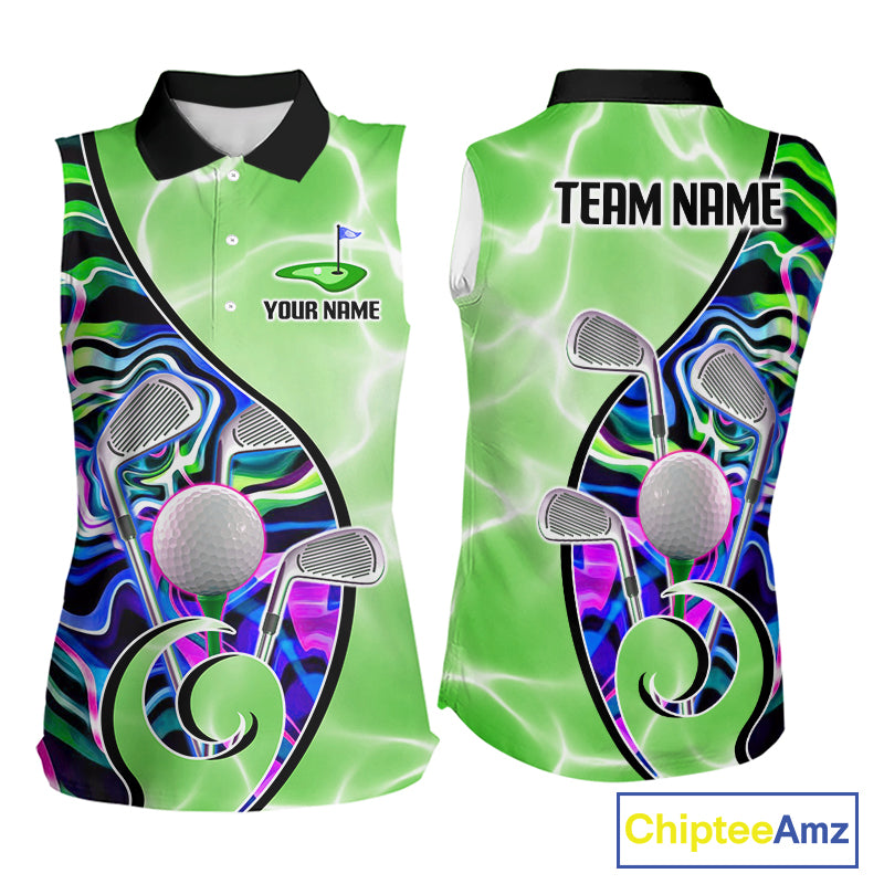 Womens Sleeveless Golf Polo Shirt Holographic Marble Golf Pattern For Team, Golf Attire For Women|Green NBT725