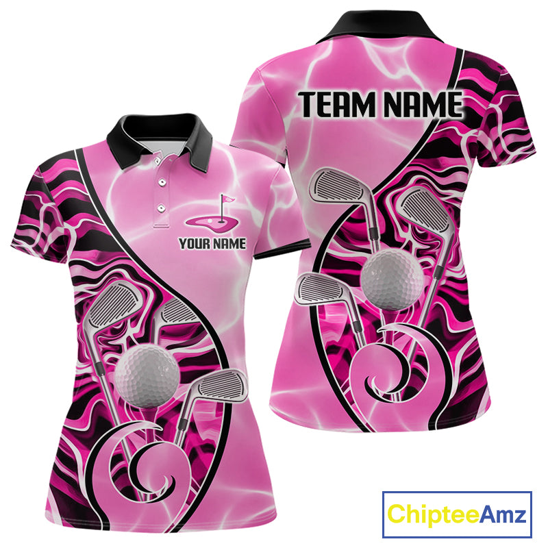 Womens Golf Polo Shirt Holographic Marble Golf Pattern For Team, Golf Attire For Women|Pink NBT726
