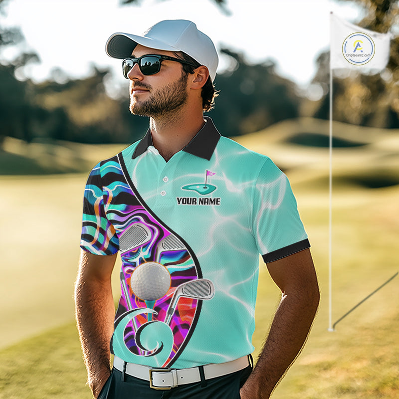 Mens Golf Polo Shirt Holographic Marble Golf Pattern For Team, Golf Attire For Men|Turquoise NBT728