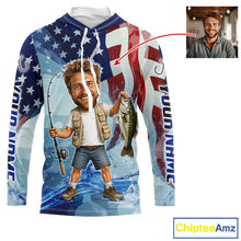 Load image into Gallery viewer, Custom Photo Funny Bass Fishing Shirts Long Sleeve Hooded American Flag For Men, Funny Bass Fishing Team|Blue NBT730