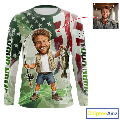 Custom Photo Funny Bass Fishing Shirts Long Sleeve American Flag For Men, Funny Bass Fishing Team|Green NBT731