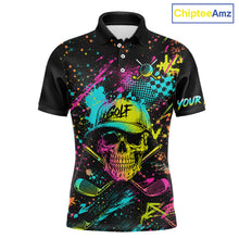 Load image into Gallery viewer, Golf Skull Graffiti Mens Golf Polo Shirt front view - streetwear skull graffiti design, breathable polyester fabric, short sleeve Polo tailored fit, custom team shirt