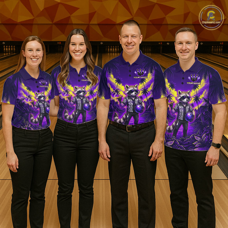 Bowling league team wearing matching funny cool raccoon blue tropical jerseys with personalized names