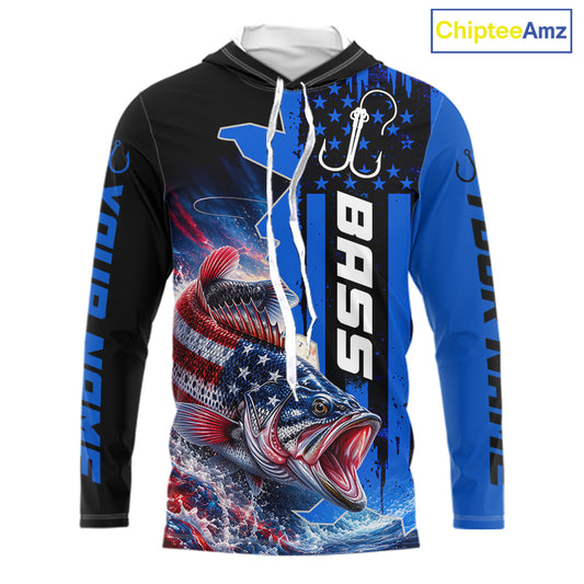 Front view of custom American flag bass long sleeve hooded fishing shirt with patriotic blue camo