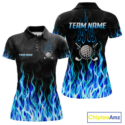 Womens golf polo shirt front and back view, custom team name, tailored fit for perfect golf swing