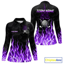 Load image into Gallery viewer, Womens long sleeve golf polo shirt front and back view, custom team name, tailored fit for perfect golf swing