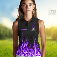 Load image into Gallery viewer, Model wearing sleeveless golf polo shirt turquoise flame pattern, breathable cotton fabric on golf course