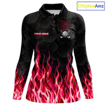 Load image into Gallery viewer, Womens long sleeve golf polo shirt red flame pattern - front view, custom name available