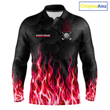 Load image into Gallery viewer, Mens long sleeve golf polo shirt red flame pattern - front view, custom name available