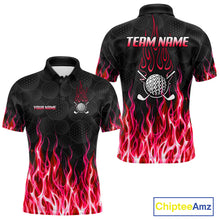 Load image into Gallery viewer, Mens golf polo shirt front and back view, custom team name, tailored fit for perfect golf swing