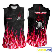 Load image into Gallery viewer, Womens sleeveless golf polo shirt front and back view, custom team name, tailored fit for perfect golf swing