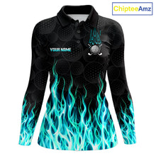 Load image into Gallery viewer, Womens long sleeve golf polo shirt turquoise flame pattern - front view, custom name available