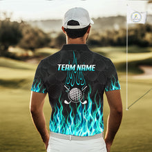 Load image into Gallery viewer, Model wearing golf polo shirt turquoise flame pattern, breathable cotton fabric on golf course
