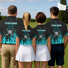 Load image into Gallery viewer, Golf team wearing matching turquoise flame pattern polo shirts, custom name &amp; team name, tailored fit