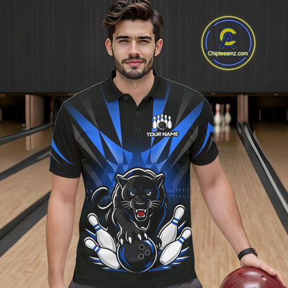 Bowler wearing custom black and blue leopard bowling polo team jersey on the lanes