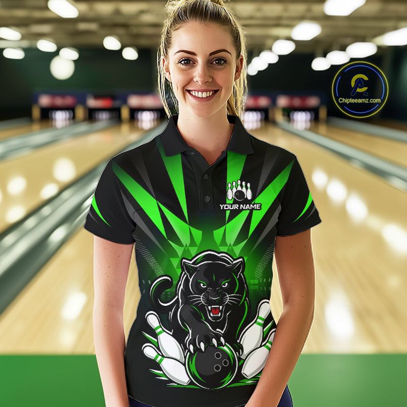 Custom Black And Green Leopard Bowling Jerseys, Leopard Bowling Team Women Polo & 1/4 Quarter-Zip Shirts NBT915