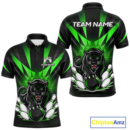 Front and back view of custom black and green leopard bowling men’s polo team jersey
